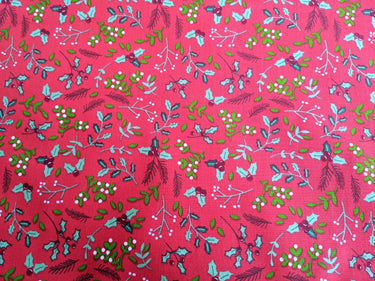 Red Sally Polycotton Holly Leaves Christmas Fabric, Festive Fabric, Holiday Fabric